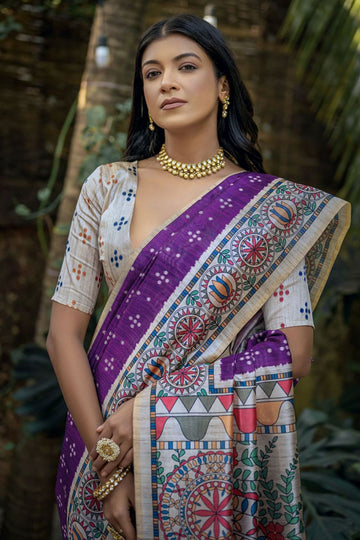 Purple Printed Tussar Silk Digital Printed Saree