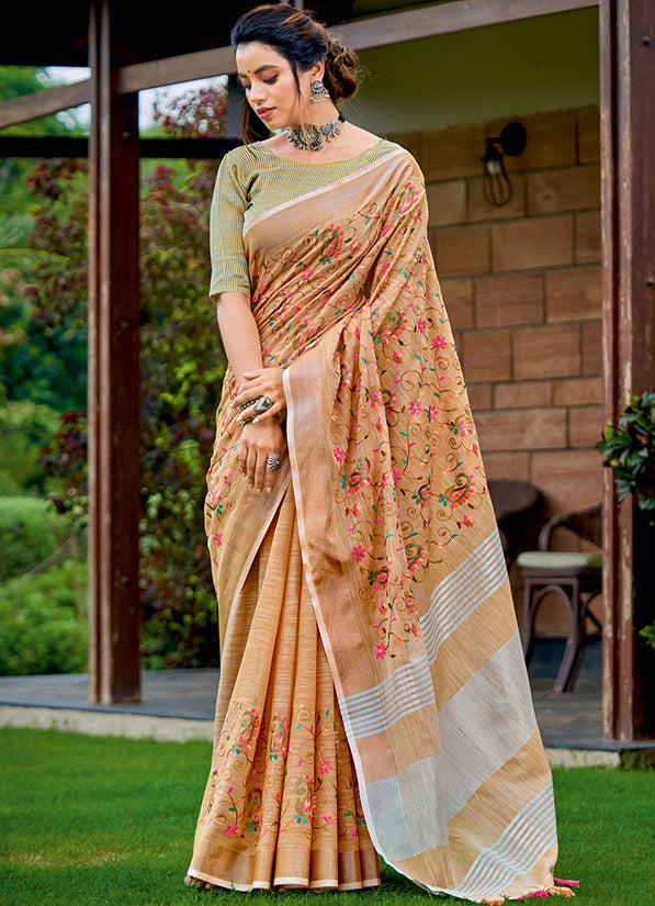 Apricot Kashmiri Work Linen Saree for Festival