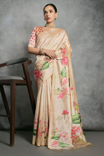 Apricot Printed Tussar Silk Digital Printed Saree