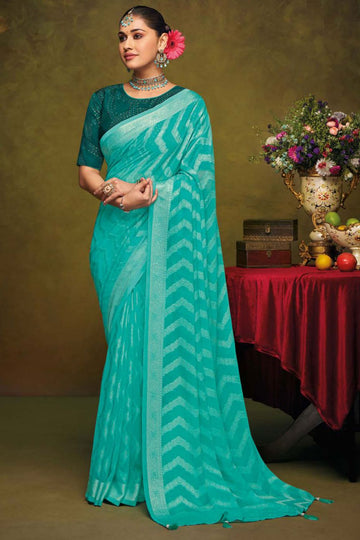 Aqua Blue Brasso Saree with Embroidered Blouse