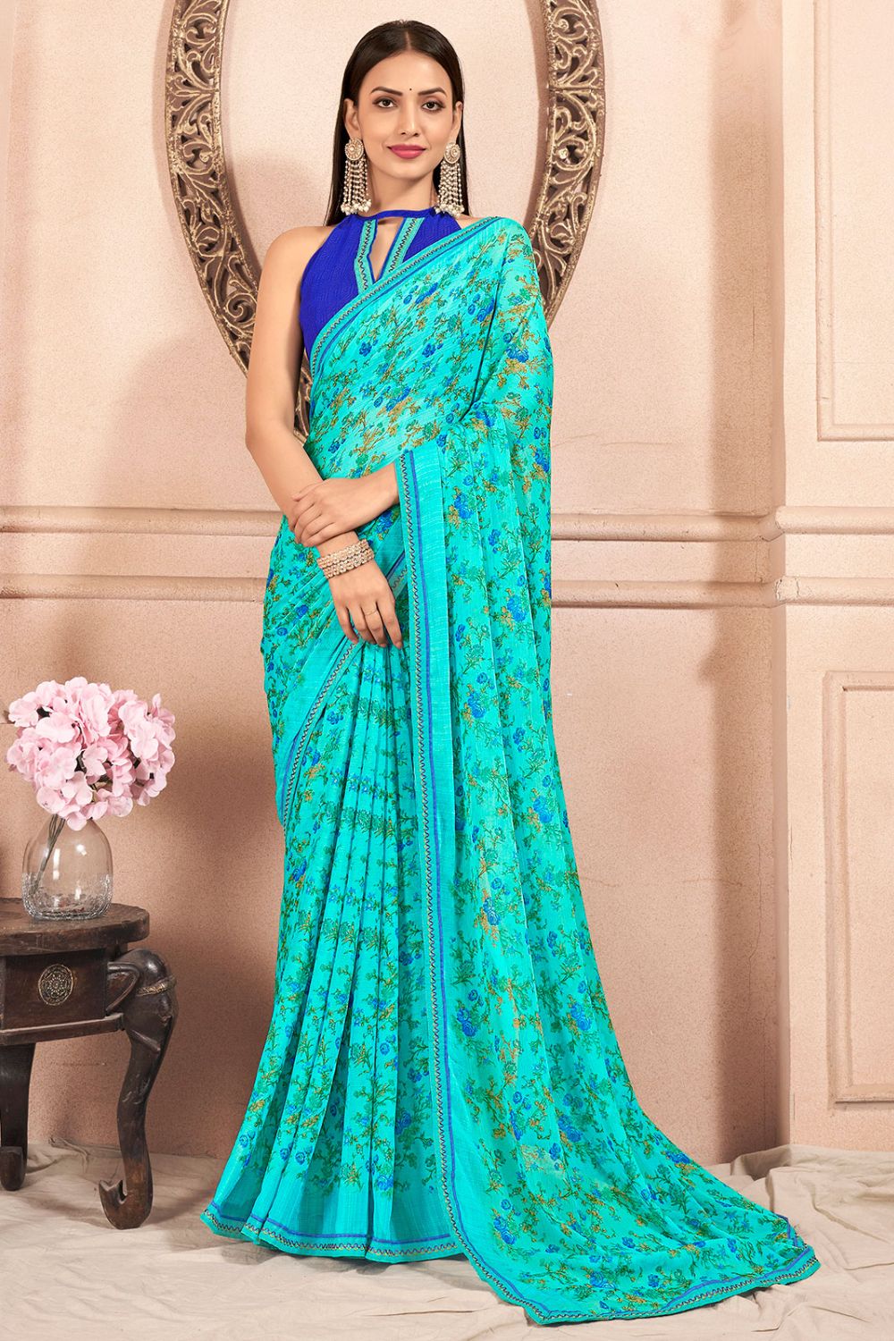 Aqua Blue Chiffon Printed Casual Wear Saree