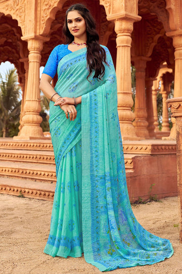 Aqua Blue Digital Printed Chiffon Casual Wear Saree