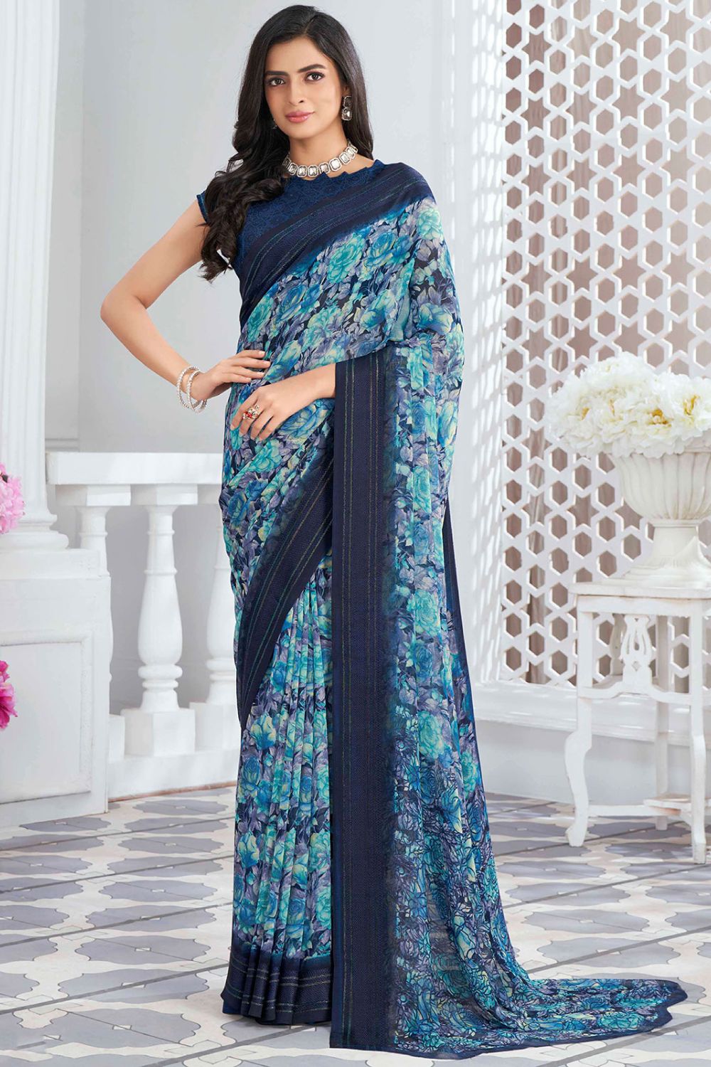 Aqua Blue Georgette Saree with Digital Print