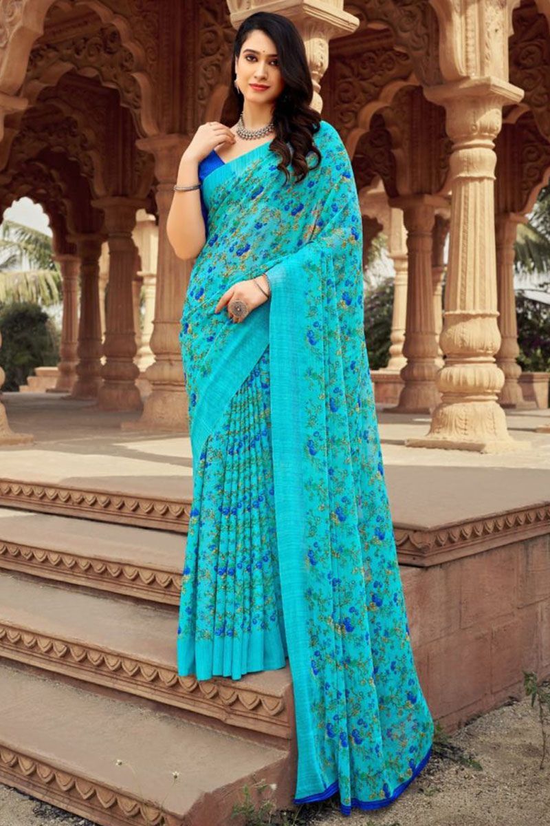 Aqua Blue Floral Printed Chiffon Casual Wear Saree