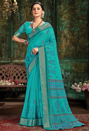 Aqua Blue Printed Cotton Saree for Party