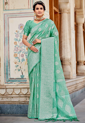 Aqua Mint Foil Print Linen Saree for Party