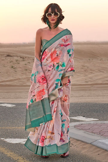 Ash Grey Digital Print Linen Saree for Festival