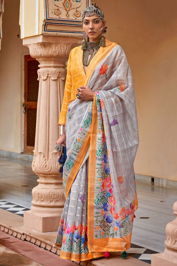 Ash Grey Linen Kora Floral Print Saree