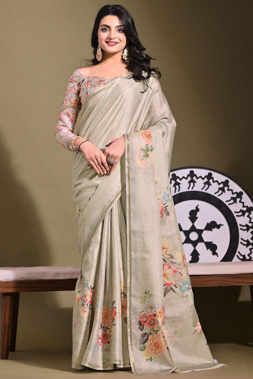 Ash Grey Floral Printed Tussar Silk Saree for Party