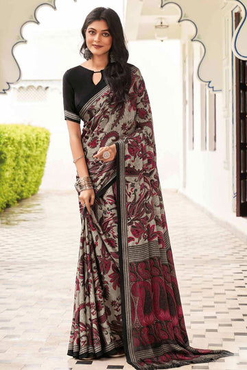 Ash Grey Crepe Casual Wear Saree