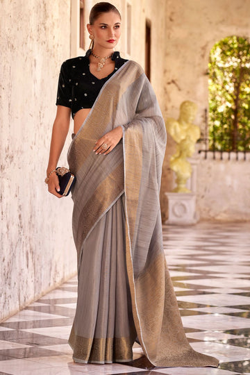 Ash Grey Exclusive Partywear Linen Saree with Double Blouse