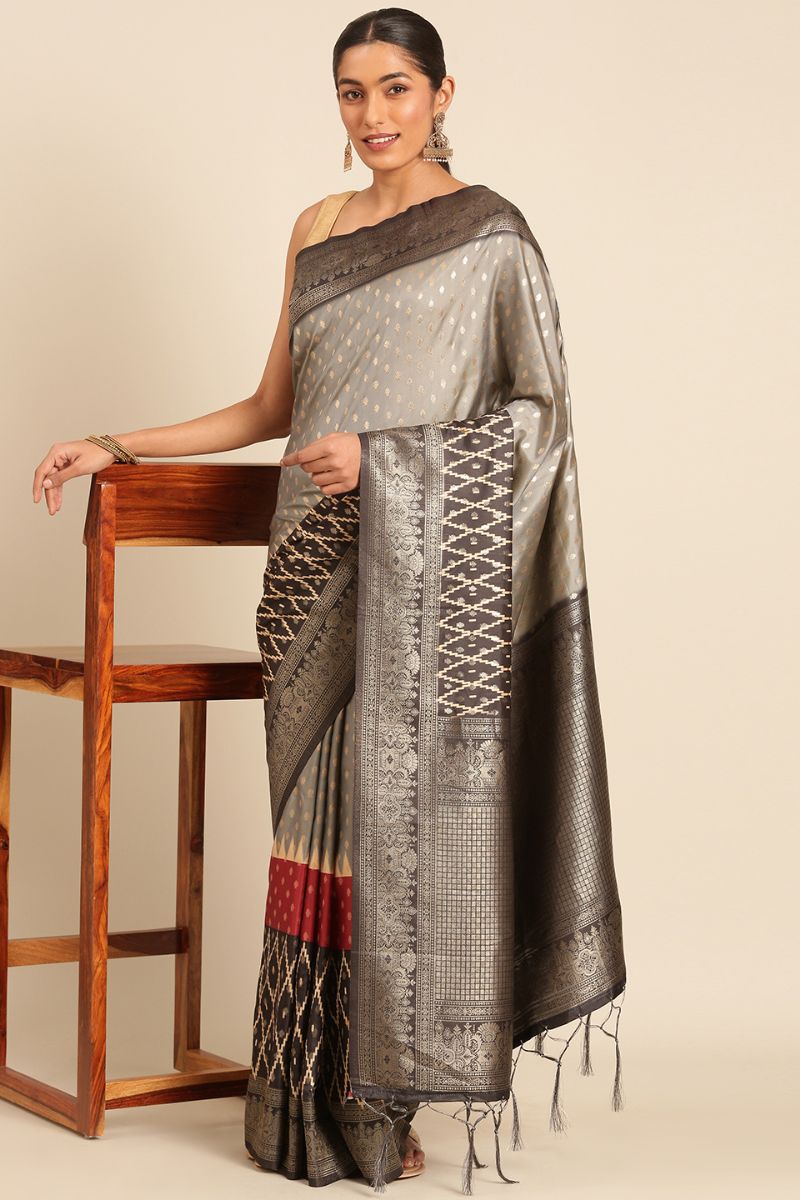 Ash Grey Woven Silk Saree for Festival