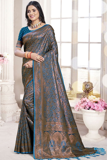 Azure Blue Zari Weaving Work Banarasi Silk Saree