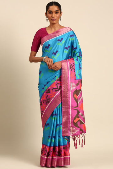 Azure Blue Digital Printed Cotton Saree