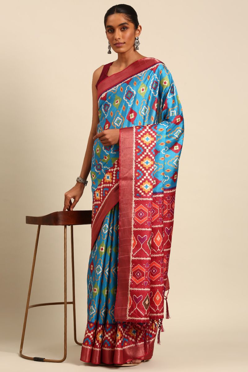 Azure Blue Cotton Digital Print Saree