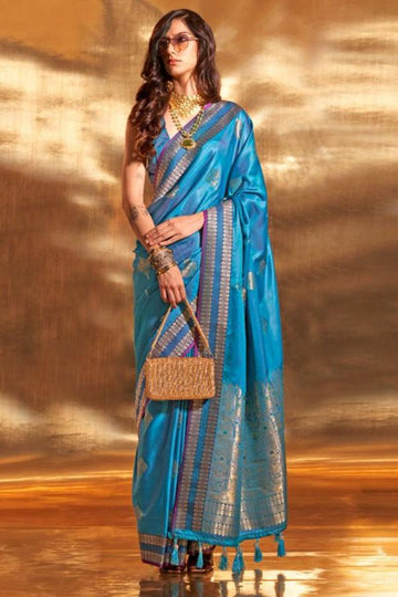 Azure Blue Pure Satin Chaap Handloom Silk Saree for Party