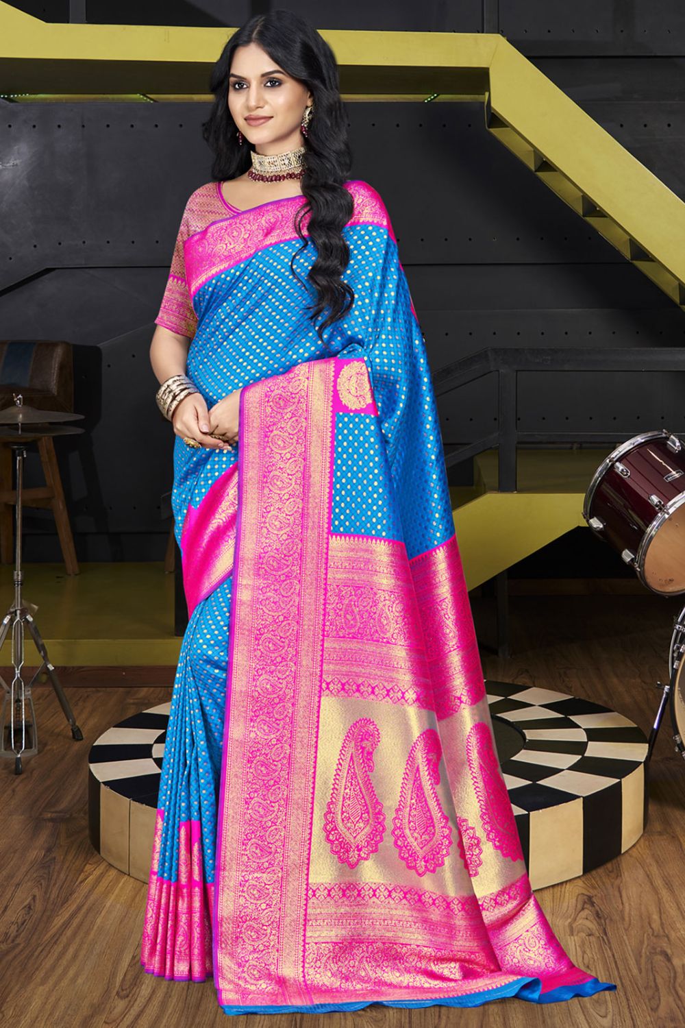 Azure Blue Silk Woven Work Saree