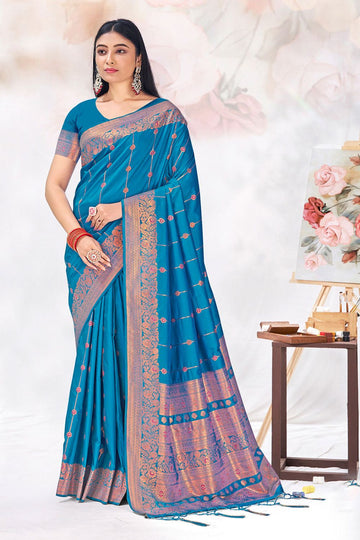 Azure Blue Zari Weaving Work Silk Saree