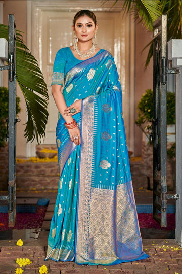 Azure Blue Zari Weaving Work Silk Saree