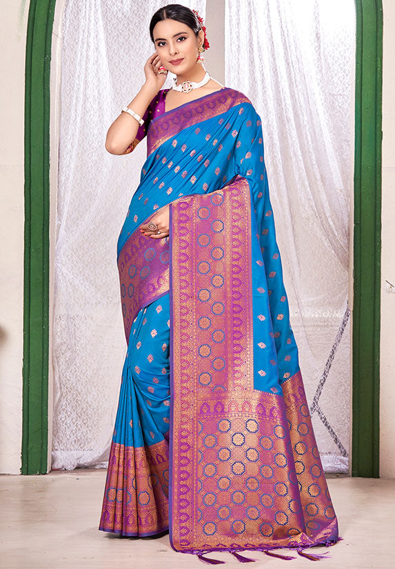 Azure Blue Weaving Work Banarasi Silk Saree