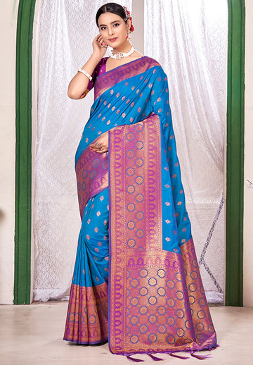 Azure Blue Weaving Work Banarasi Silk Saree