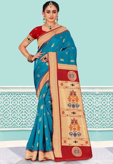 Azure Blue Woven Silk Saree for Party