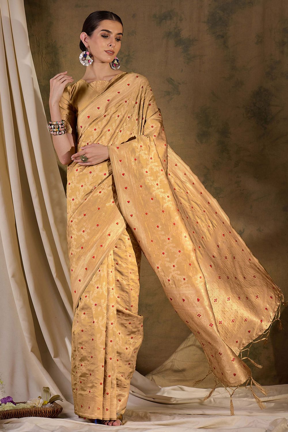 Beige Banarasi Silk Woven Saree for Festival