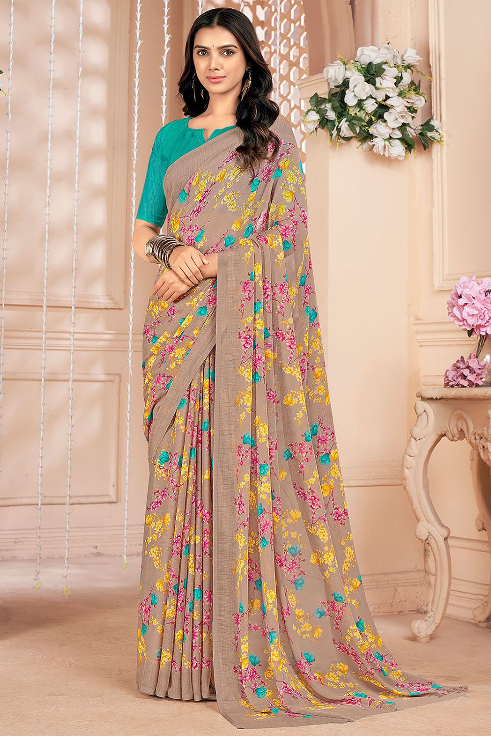 Beige Chiffon Printed Casual Wear Saree