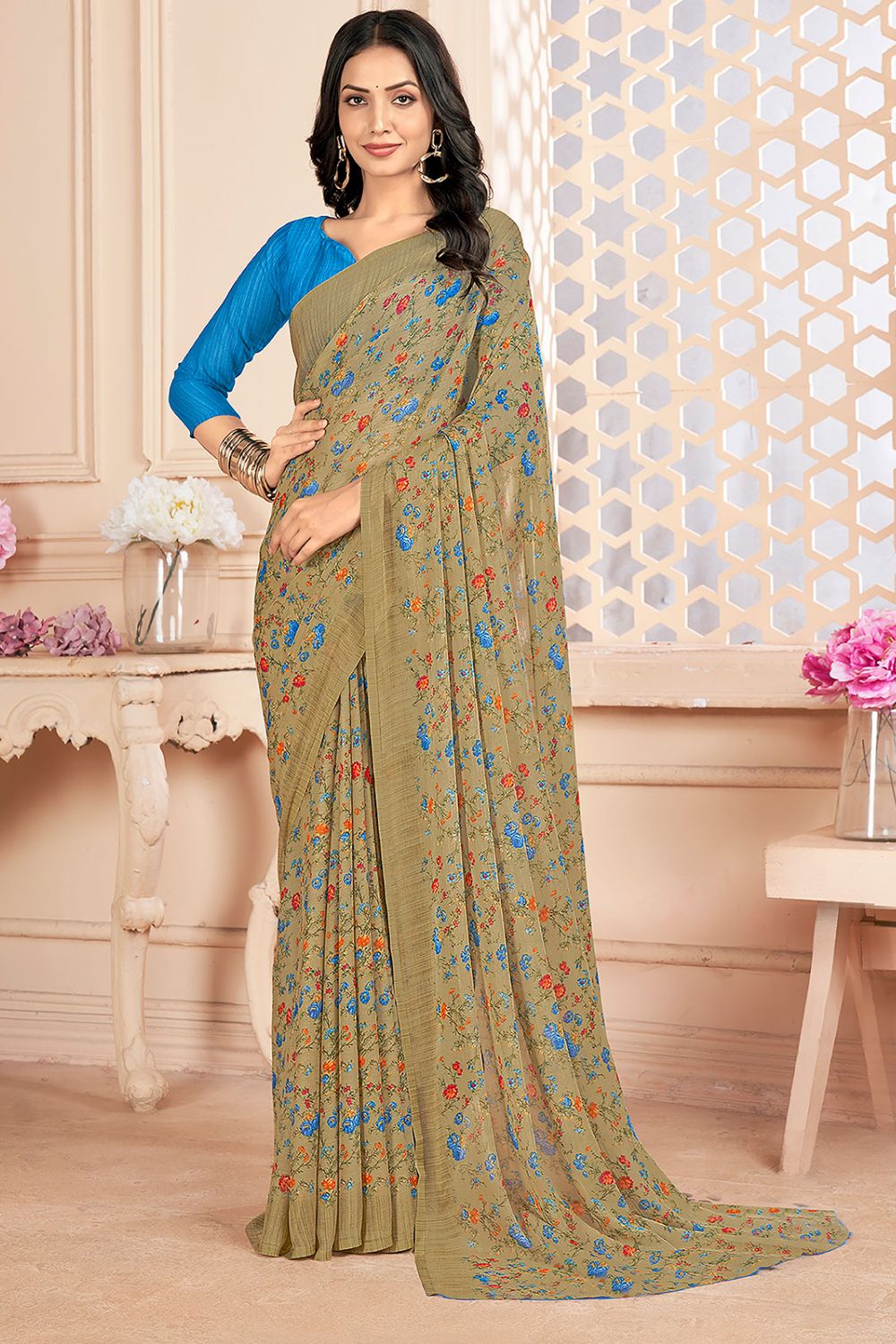 Beige Chiffon Printed Casual Wear Saree