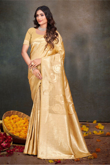 Beige Zari Weaving Work Cotton Silk Saree