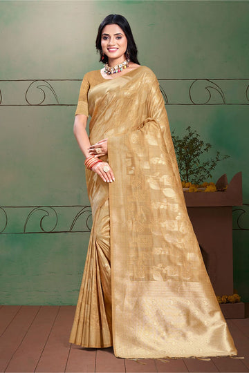 Beige Zari Weaving Work Cotton Silk Saree