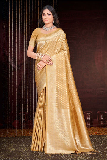 Beige Zari Weaving Work Cotton Silk Saree