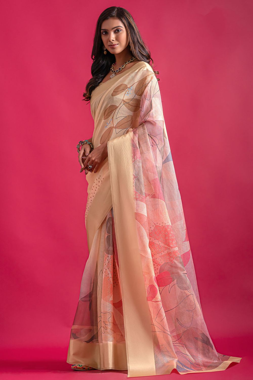 Beige Digital Print Linen Saree for Party