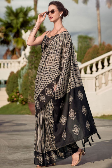 Beige Pure Mal Mal Silk Printed Saree