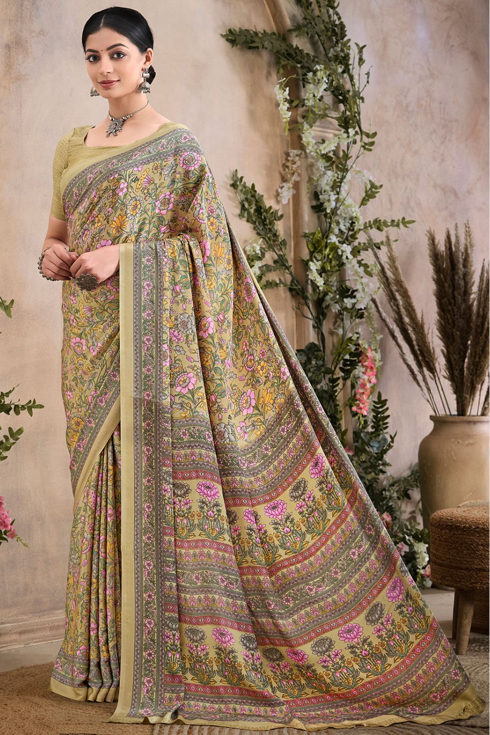 Beige Digital Print Silk Crepe Saree for Party