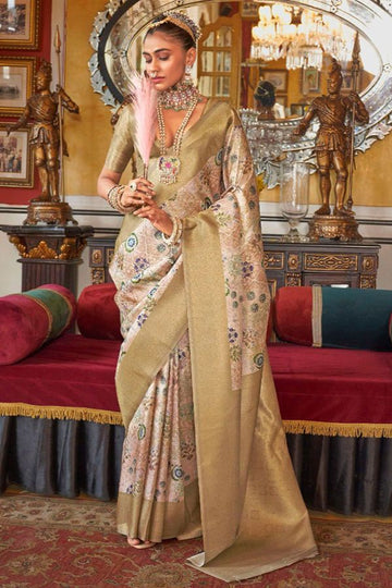 Beige Tussar Silk Saree with Digital Print