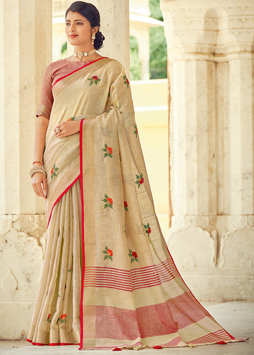 Beige Embellished Linen Party Wear Saree