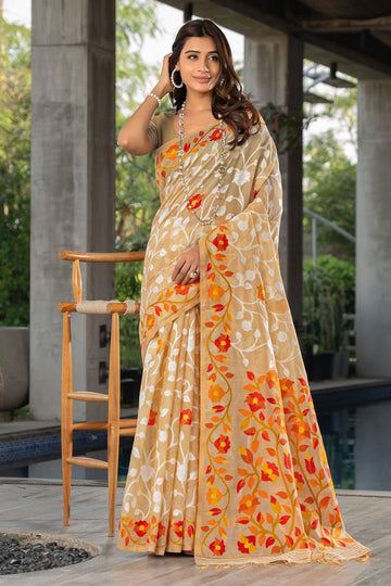 Beige Floral Print Soft Cotton Saree for Party for Party