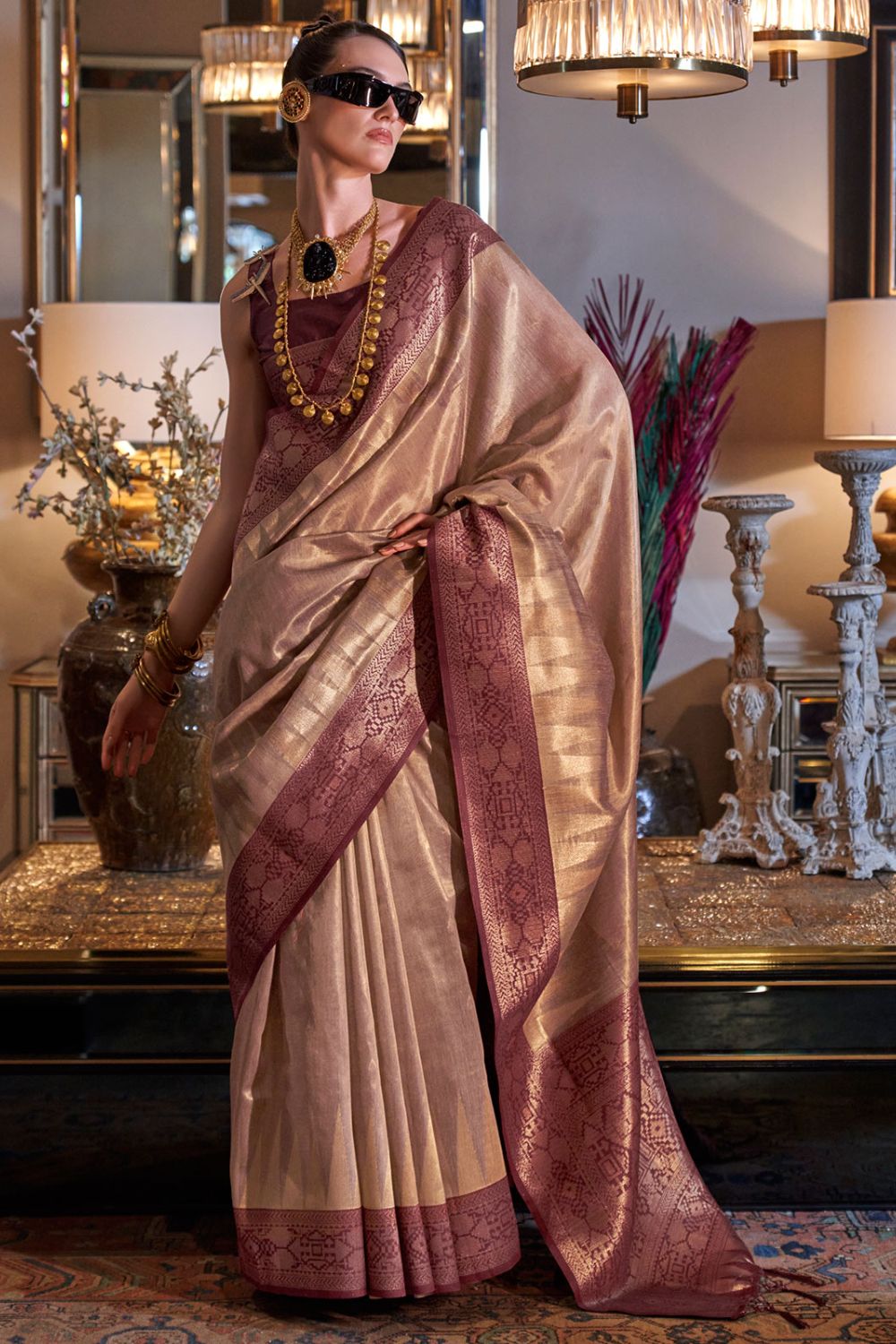 Beige Handwoven Zari Tissue Silk Saree