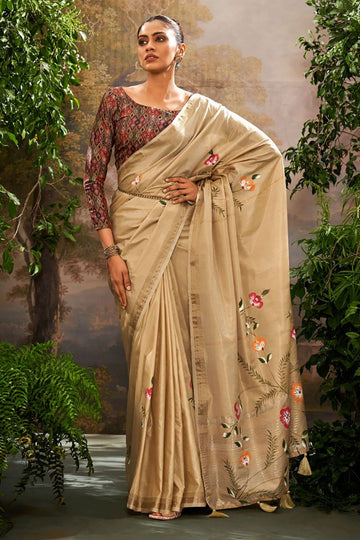 Beige Kalamkari Printed Linen Tissue Saree