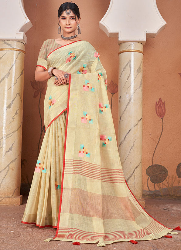 Beige Linen Weaving Work Saree