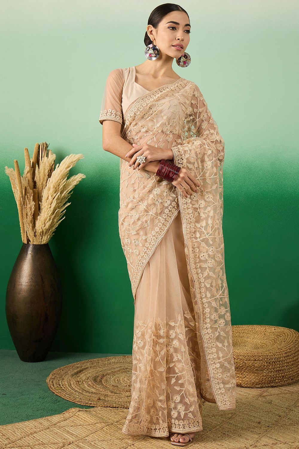 Beige Net Embroidered Saree for Party