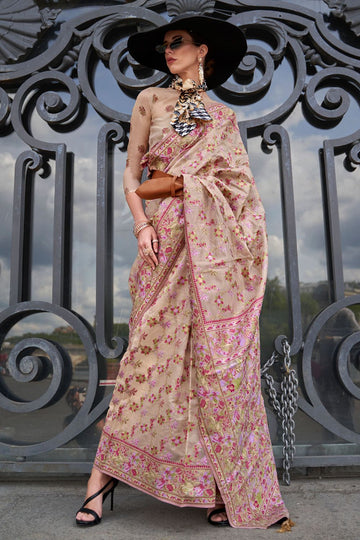 Beige Organza Parsi Handloom Weaving Party Wear Saree