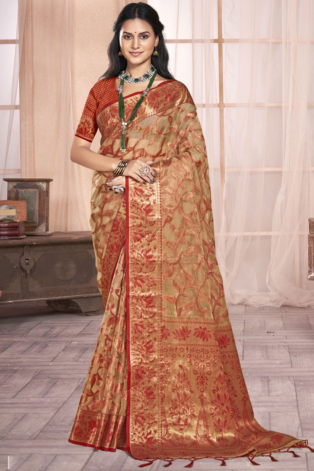 Beige Organza Party Wear Saree