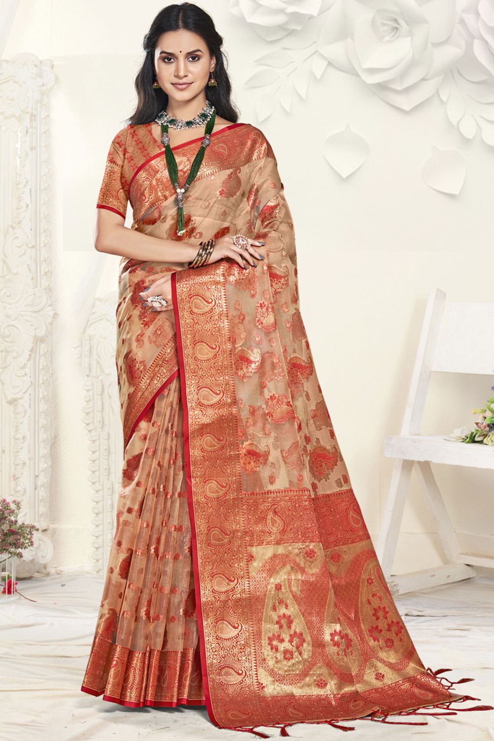 Beige Organza Party Wear Saree