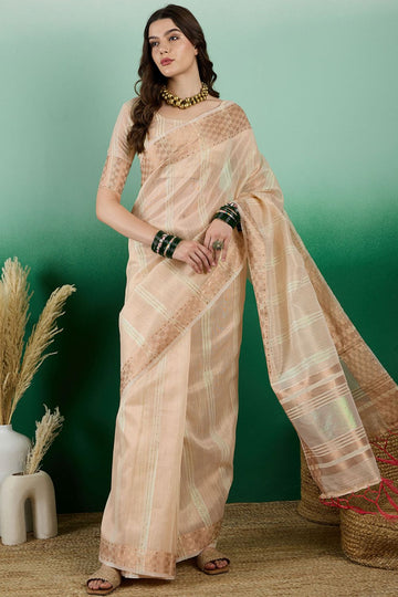 Beige Organza Woven Party Wear Saree