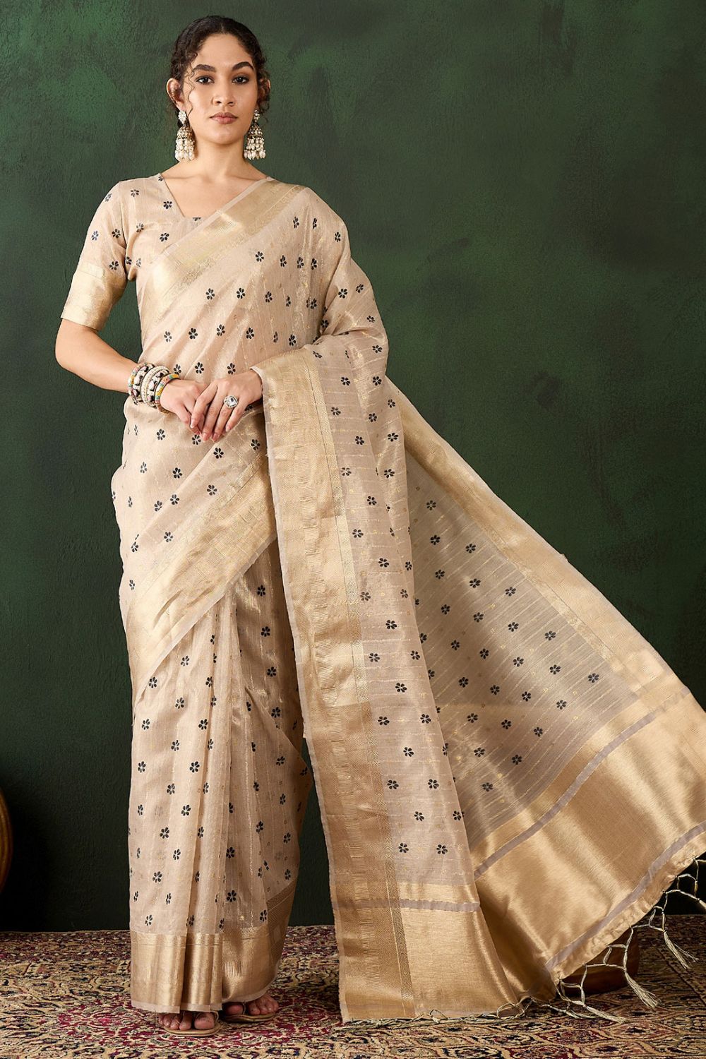 Beige Organza Woven Party Wear Saree