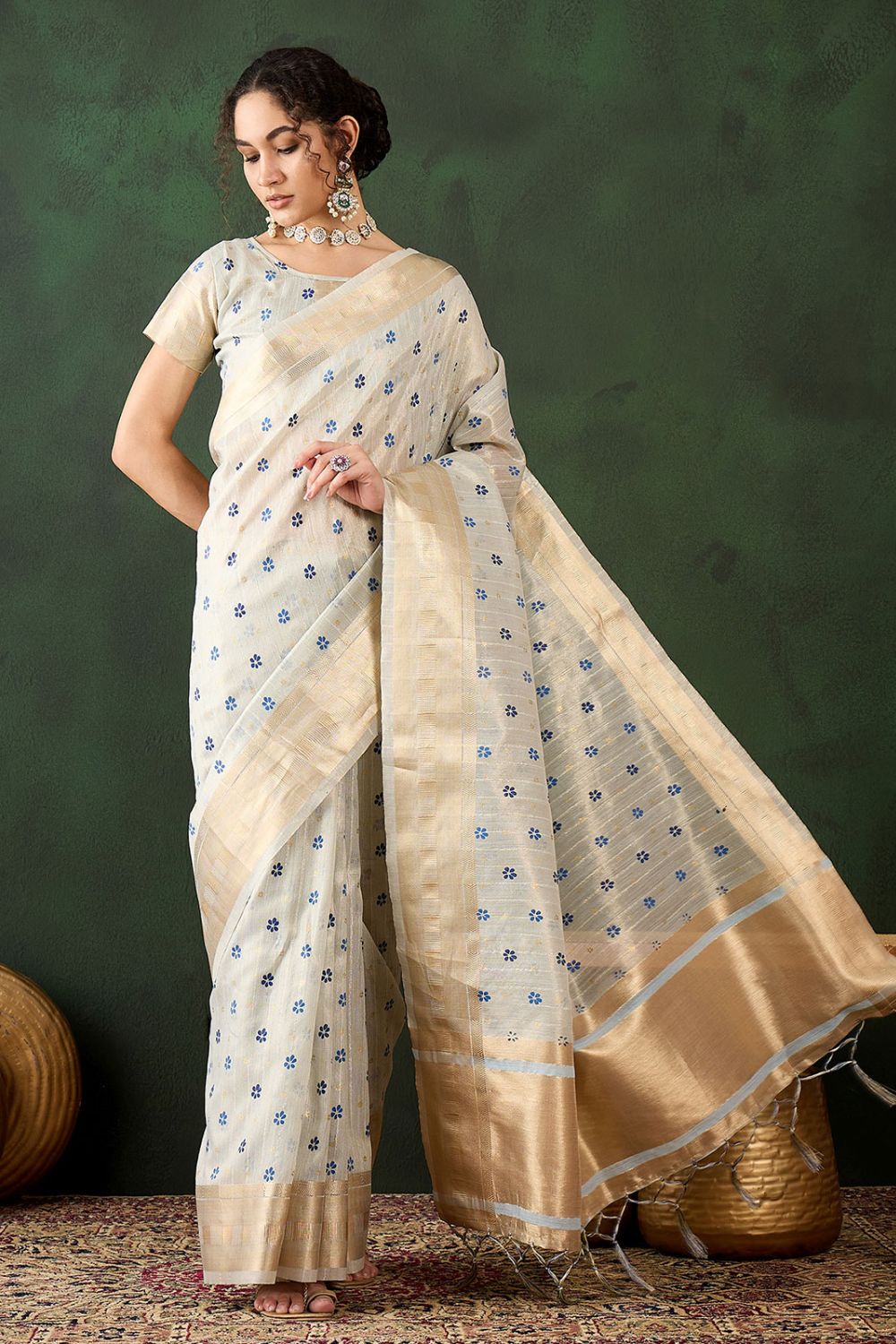 Beige Organza Woven Party Wear Saree