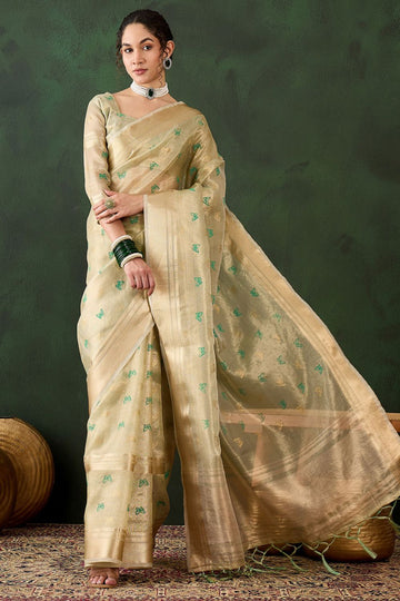 Beige Organza Woven Party Wear Saree