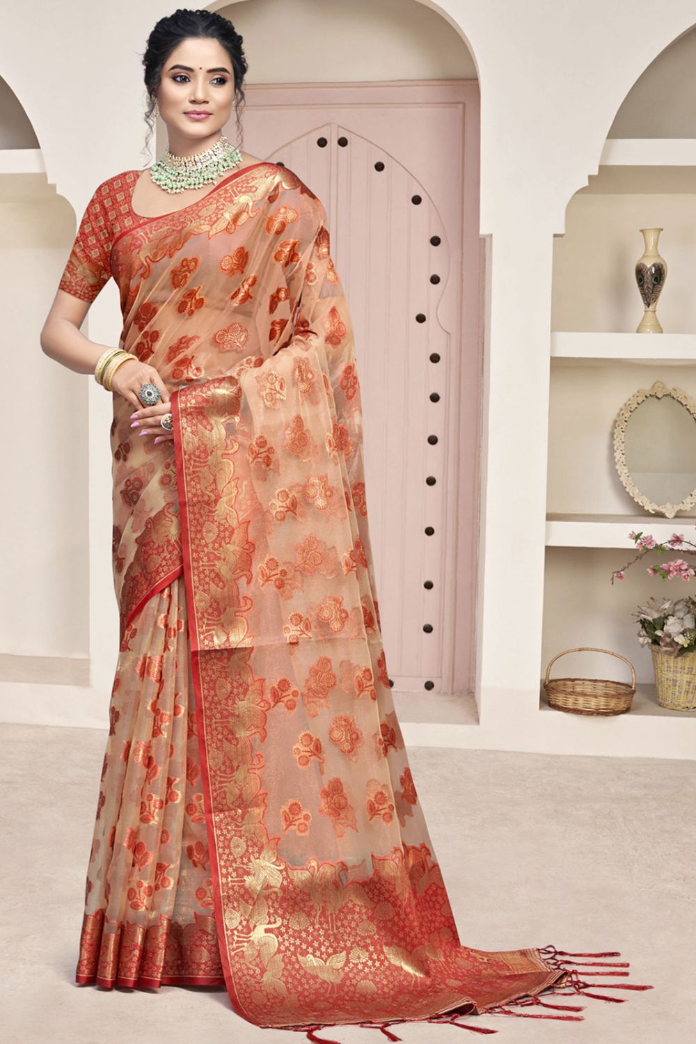 Beige Organza Woven Saree